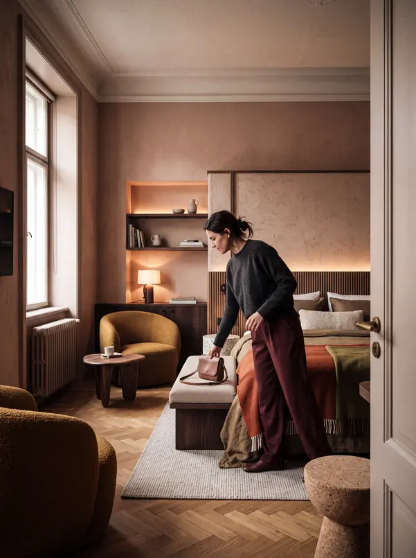 Ein Hotelzimmer am Abend, eine Frau legt ihre Tasche auf das Bett.