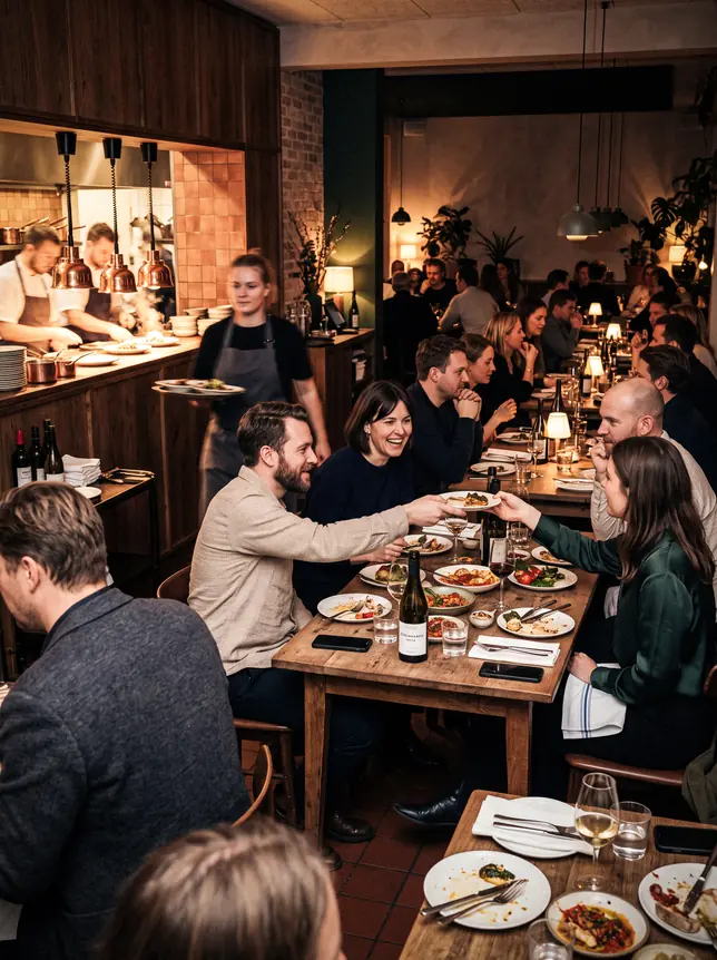 Ein volles Restaurant, Gäste an dicht besetzten Tischen.